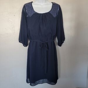 Hot & Delicious NWT Medium Navy Blue Midi Dress Quarter Sleeve Sequin Keyhole